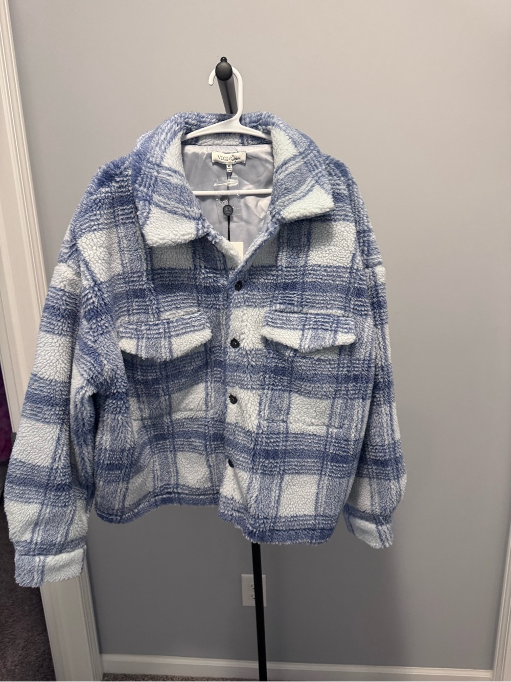 Cozy Plaid Sherpa Jacket in Blue & White - Women